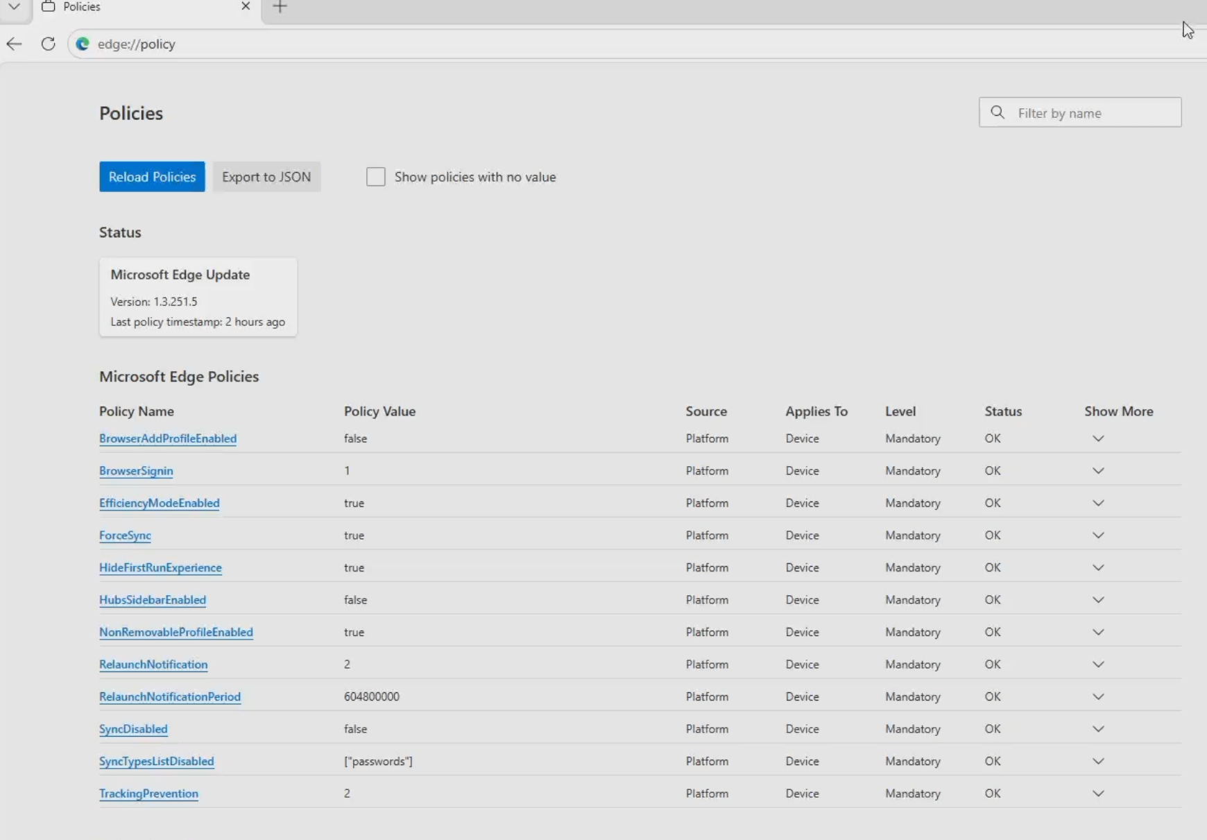 Microsoft Edge policy page showing applied policies with an OK status